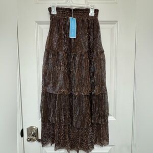 NWT Draper James Tiered Midi Skirt – Gold Lurex Plissé – XS – $150 Retail